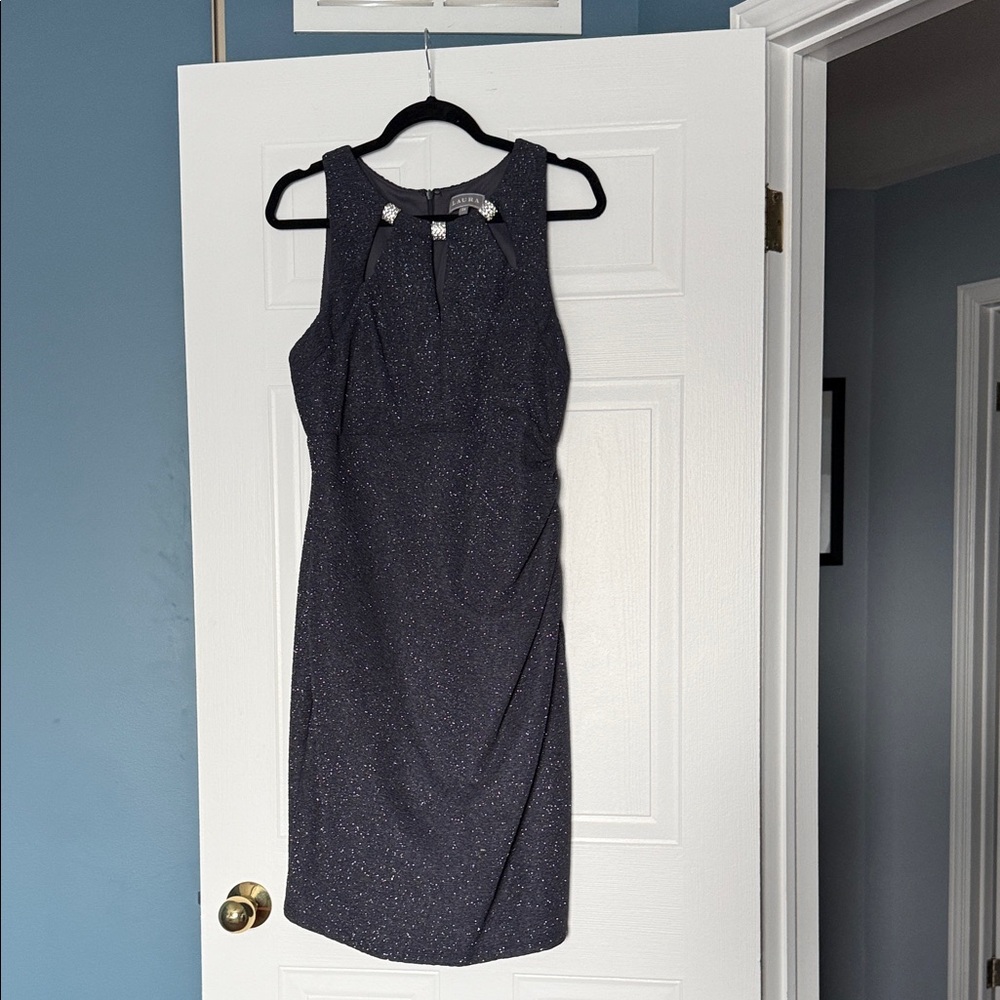 Sparkle Keyhole Midi Sheath Dress in Dark Blue
